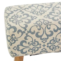 50" Cream Fabric Arabesque Scroll Bench with Wood Legs