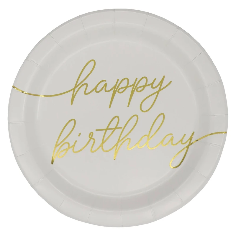 12 Packs: 8 ct. (96 total) 7" White & Gold Happy Birthday Snack Plates by Celebrate It™