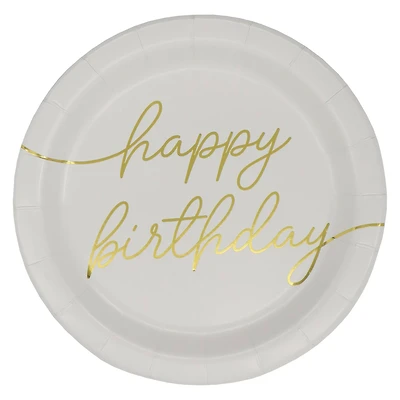 12 Packs: 8 ct. (96 total) 7" White & Gold Happy Birthday Snack Plates by Celebrate It™