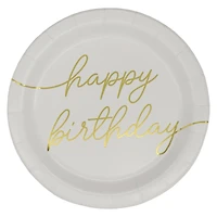 12 Packs: 8 ct. (96 total) 7" White & Gold Happy Birthday Snack Plates by Celebrate It™