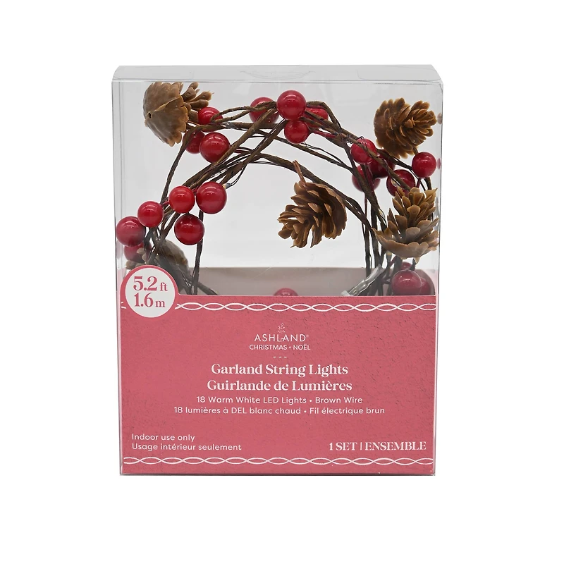 18ct. Warm White LED Red Berry & Pinecone Garland String Lights on Brown Wire by Ashland®
