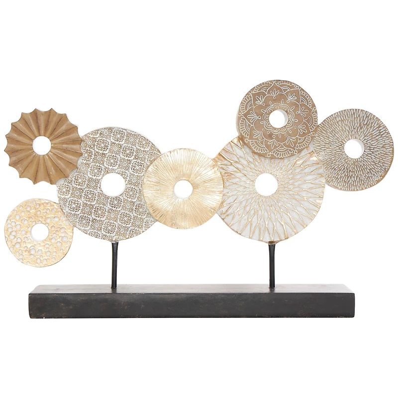 24" Beige Overlapping Carved Circle Disk Floral Sculpture with Black Stand