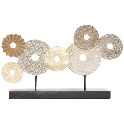 24" Beige Overlapping Carved Circle Disk Floral Sculpture with Black Stand