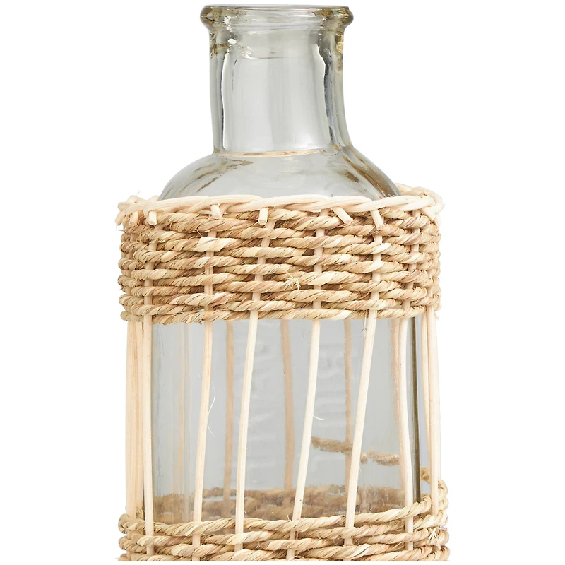 15" Clear Glass Handmade Vase with Light Brown Rattan Woven Body