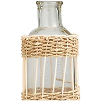 15" Clear Glass Handmade Vase with Light Brown Rattan Woven Body