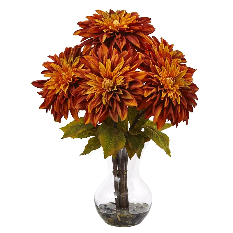 17" Orange Dahlia Silk Arrangement with Glass Vase