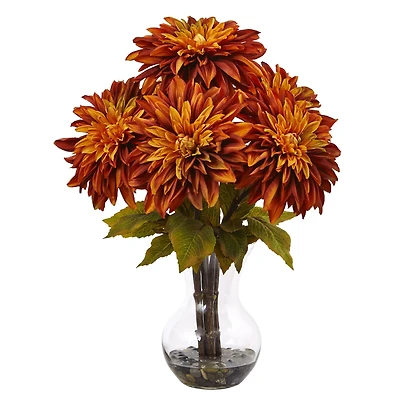 17" Orange Dahlia Silk Arrangement with Glass Vase