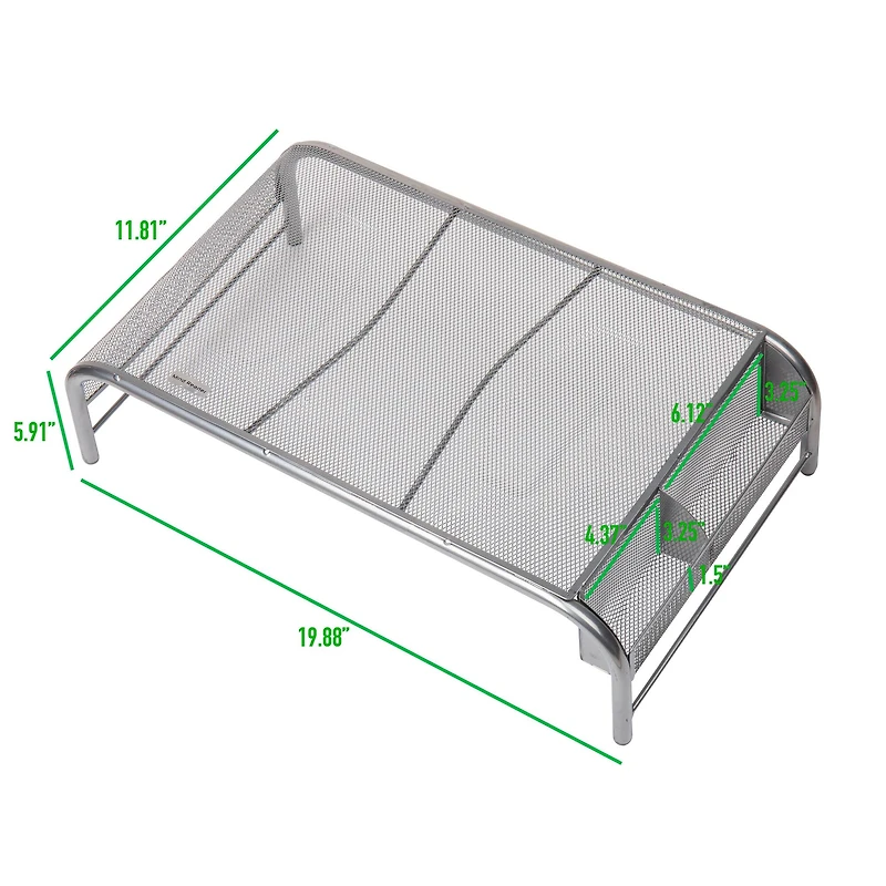 Mind Reader Silver Metal Mesh Monitor Stand with 2 Storage Compartments