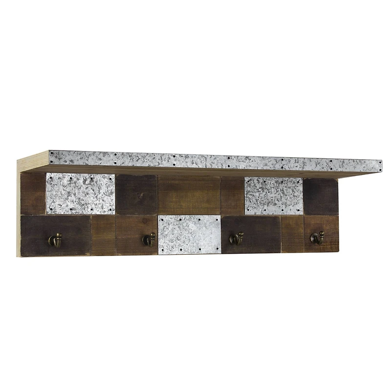 Rustic Wood & Metal Wall Shelf & Coat Rack With Hooks