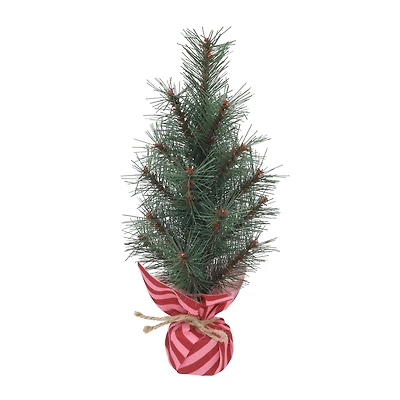 12" Green Pine Accent Tree in Red & Pink Striped Fabric Base by Ashland®