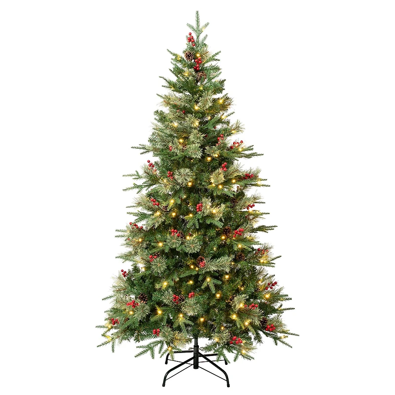 6ft. Pre-Lit Feel-Real® Virginia Pine Artificial Christmas Tree with Berries & Pinecones, Warm White LED Lights
