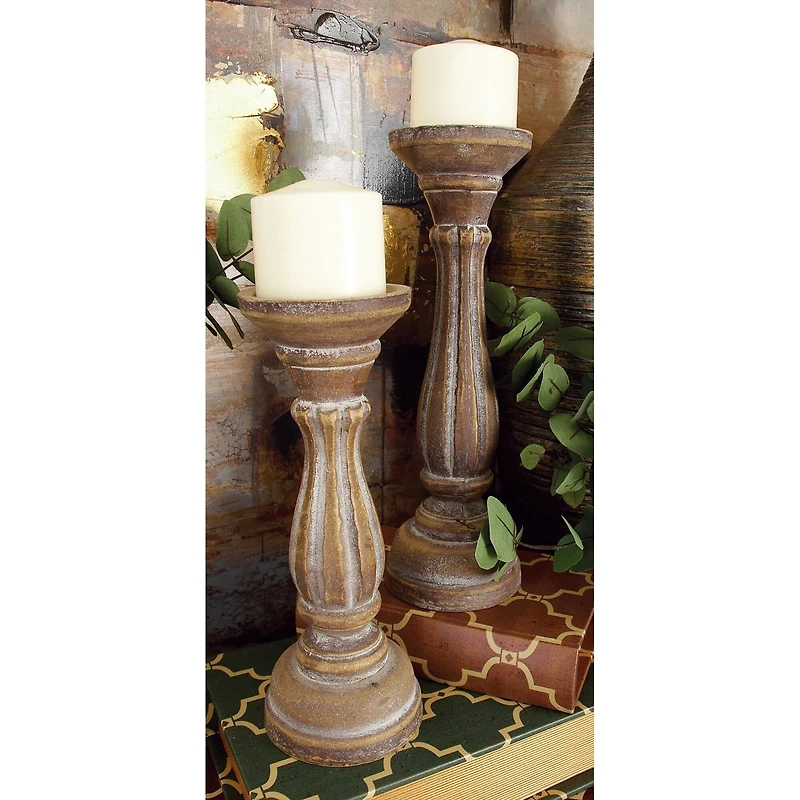 Brown Wood Traditional Candle Holder Set
