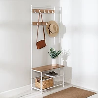 Honey Can Do White & Walnut Entryway Hall Tree with Bench & Shoe Storage