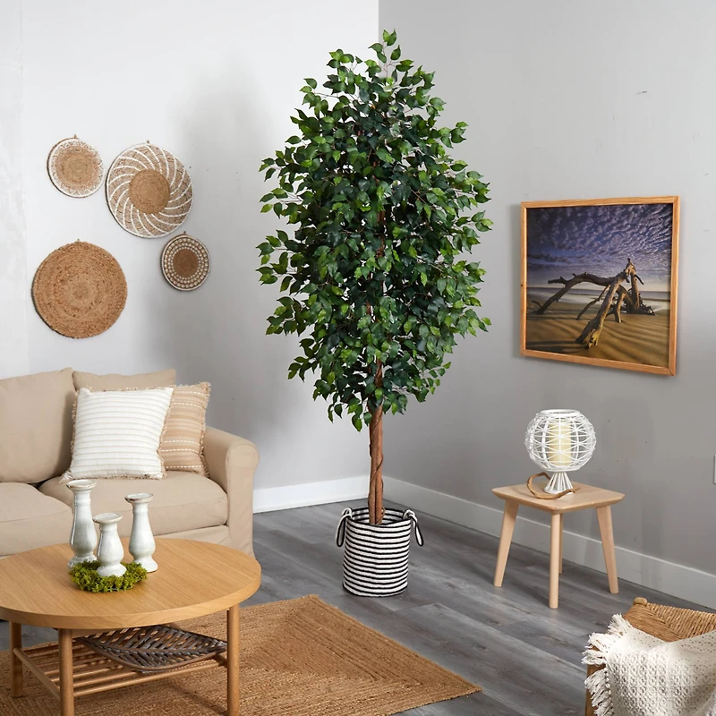8ft. Ficus Artificial Tree in Handmade Black and White Natural Jute and Cotton Planter