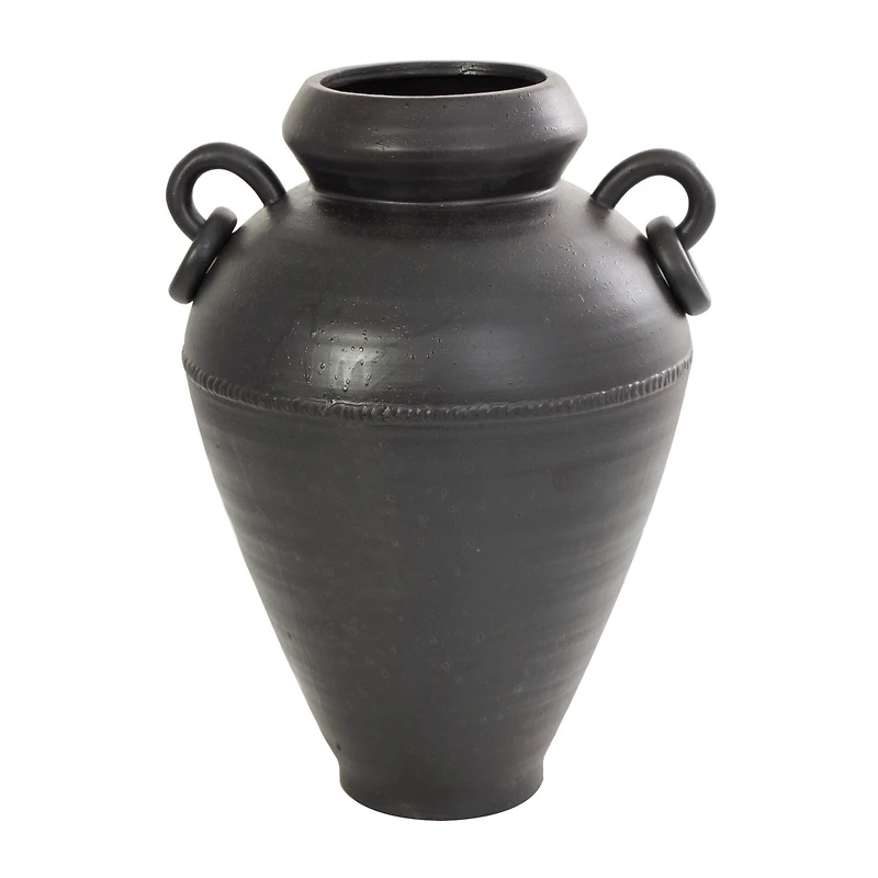15" Black Ceramic Amphora Vase with Speckled Texture & Ring Handles