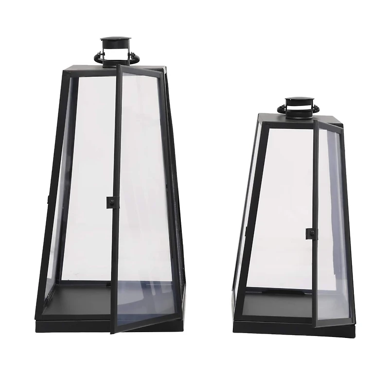 Tall Black Minimalist Metal Candle Lantern Set with Ring Handles