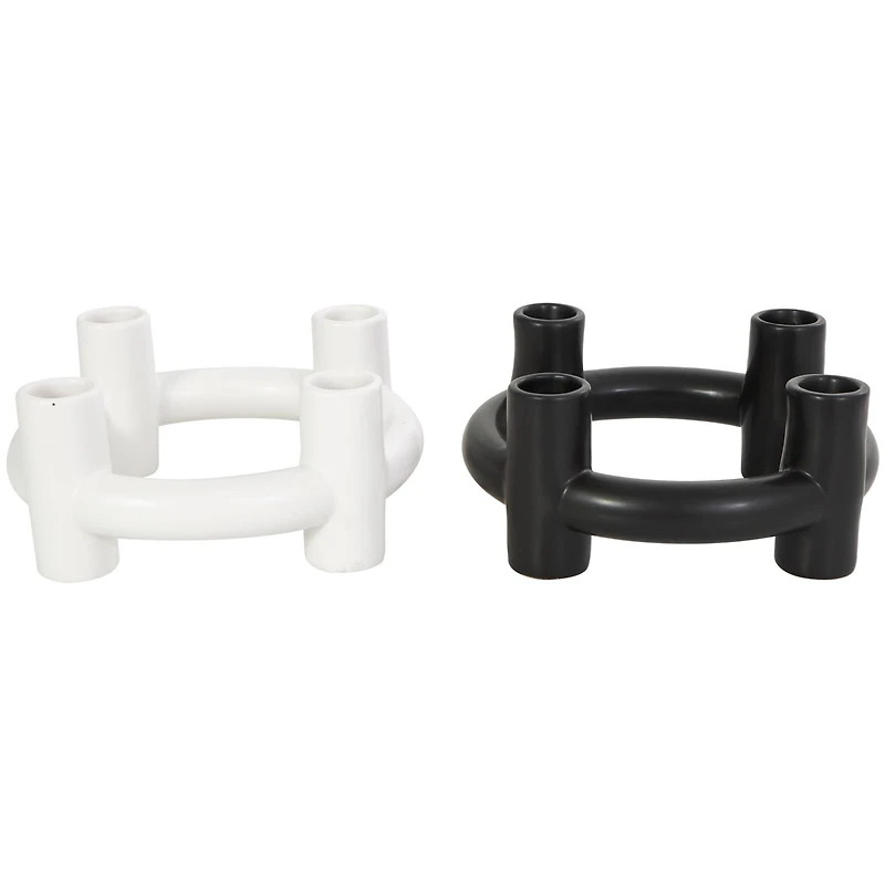 CosmoLiving by Cosmopolitan 8" Black & White Ceramic Geometric Circle Taper Candle Holder Set