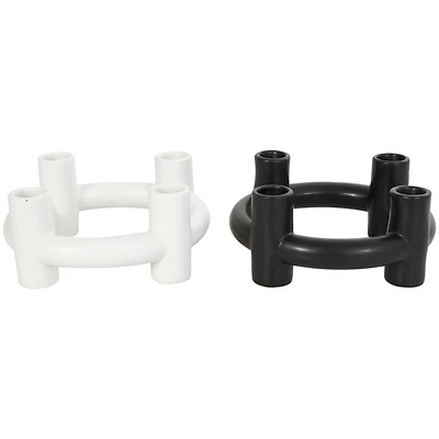 CosmoLiving by Cosmopolitan 8" Black & White Ceramic Geometric Circle Taper Candle Holder Set