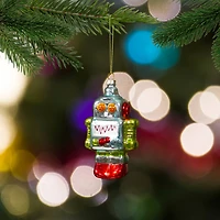 Silver & Green Robot Hanging Glass Christmas Ornament