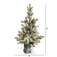 2ft. Pre-Lit Flocked Artificial Christmas Tree in Decorative Birch Bark Planter, LED Lights