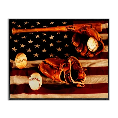 Stupell Industries Vintage American Flag Baseball Photo Framed Giclee Art