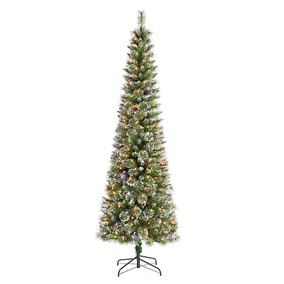 Glitzhome® 7.5ft Pre-Lit Frosted Cashmere Pencil Pine Artificial Christmas Tree, Multicolor LED Lights