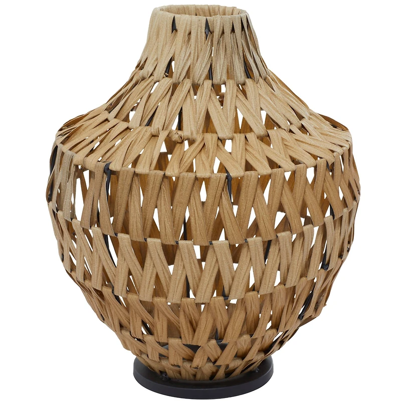 Brown Plastic Rattan Handmade Woven Vase with Black Metal Base 14" x 14" x 17"