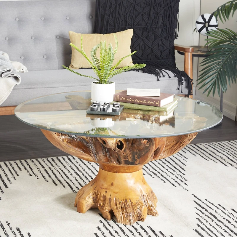 36" Brown Teak Wood Rustic Coffee Table