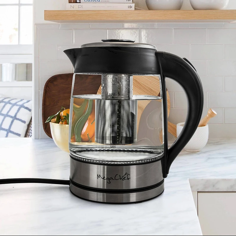 MegaChef 1.8L Cordless Glass & Stainless Steel Electric Tea Kettle with Tea Infuser