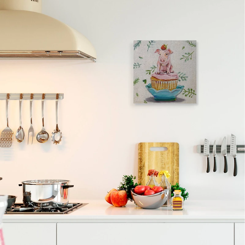 Stupell Industries Charming Teacup Pig on Strawberry Cupcake Dessert Canvas Wall Art