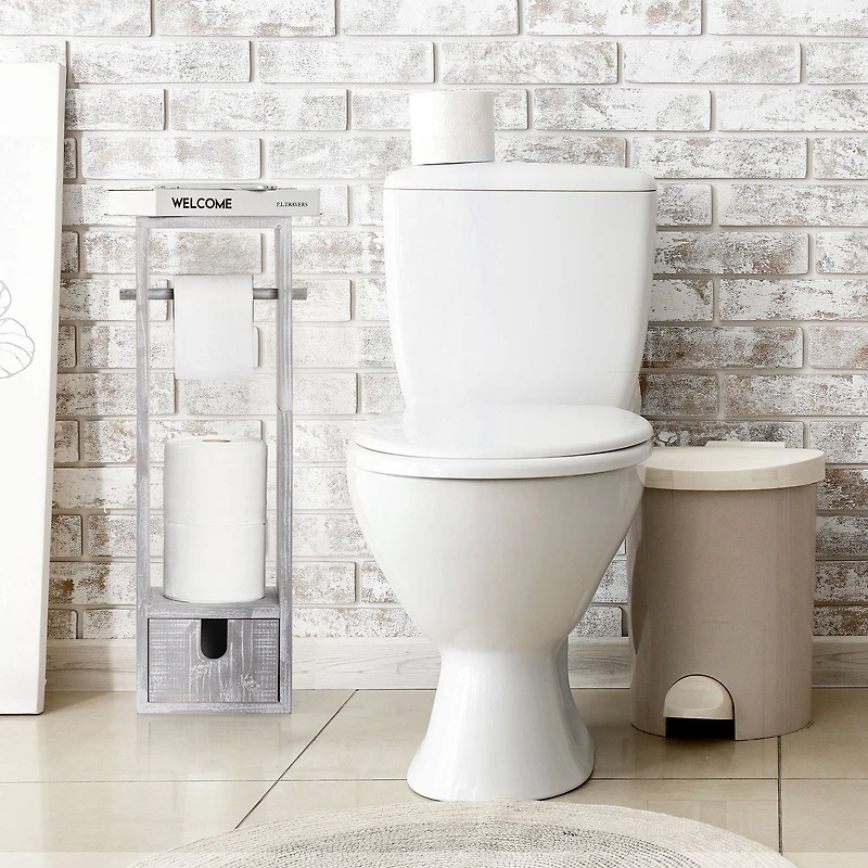 Rustic White Toilet Paper Dispenser with Storage & Drawer