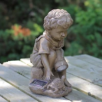 12.25" Solar Powered LED Boy Examining Turtle with Flashlight Outdoor Garden Statue