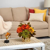 11" Peony, Dahlia & Sunflower Arrangement in Gold Vase