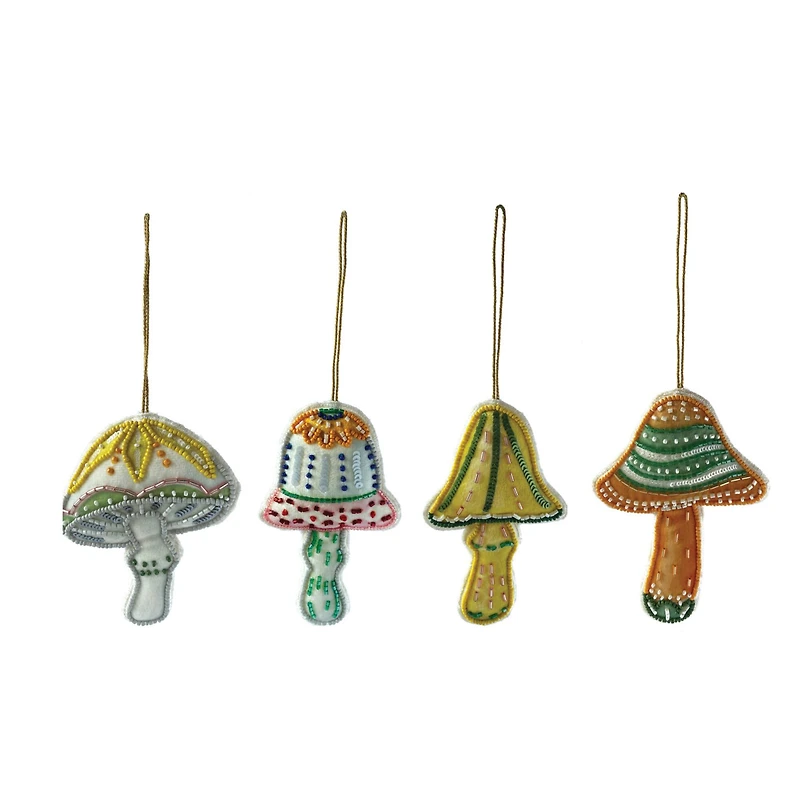 Hello Honey® 4 Pack Glass Bead Embroidered Mushroom Cotton Fabric Ornaments