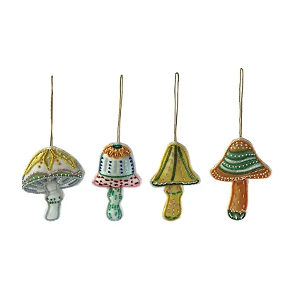 Hello Honey® 4 Pack Glass Bead Embroidered Mushroom Cotton Fabric Ornaments