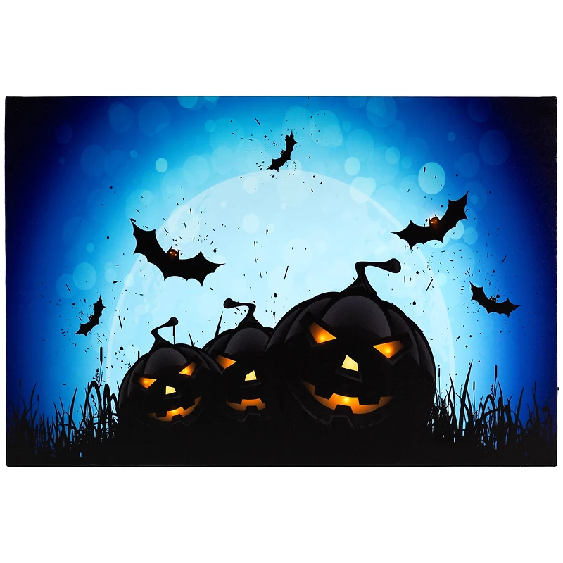 LED Lighted Jack-O-Lanterns & Bats Halloween Canvas Wall Art