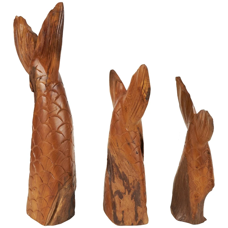 Brown Teak Wood Whale Handmade Tail Live Edge Sculpture with Intricate Carvings Set