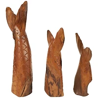 Brown Teak Wood Whale Handmade Tail Live Edge Sculpture with Intricate Carvings Set
