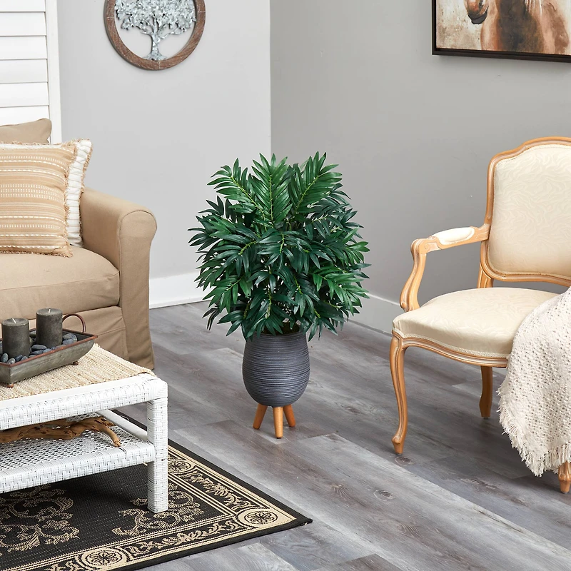 3ft. Bamboo Palm Plant in Gray Planter with Stand