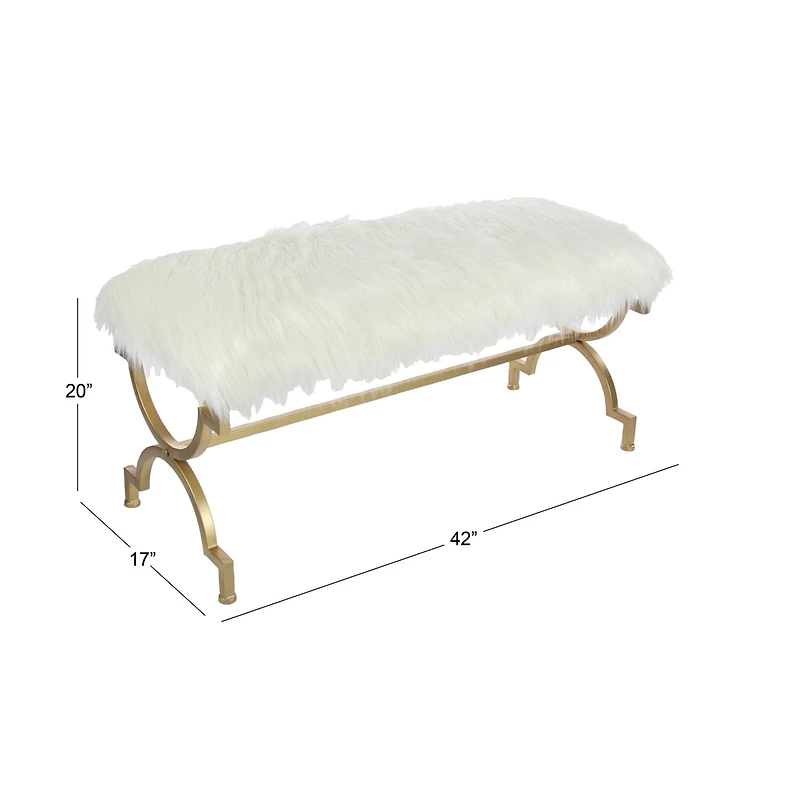 White Fur & Metal Contemporary Bench