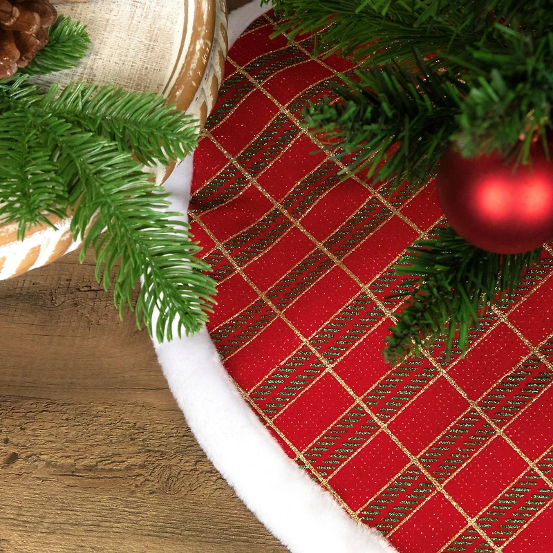 20" Glittery Plaid & White Faux Fur Trim Mini Tree Skirt