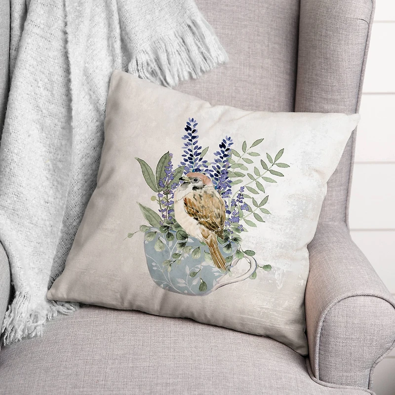 Floral Bird in Tea Cup Throw Pillow
