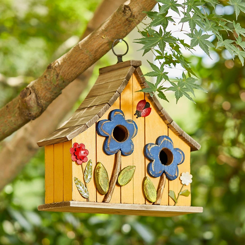 Glitzhome® 10.5" Yellow Distressed Wood Birdhouse with Flowers