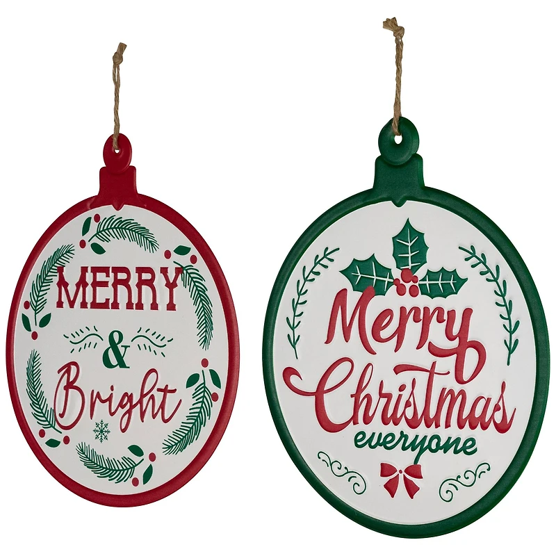 Merry and Bright Ornament Style Metal Christmas Wall Signs - 14" - Red and Green - Set of 2