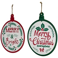 Merry and Bright Ornament Style Metal Christmas Wall Signs - 14" - Red and Green - Set of 2