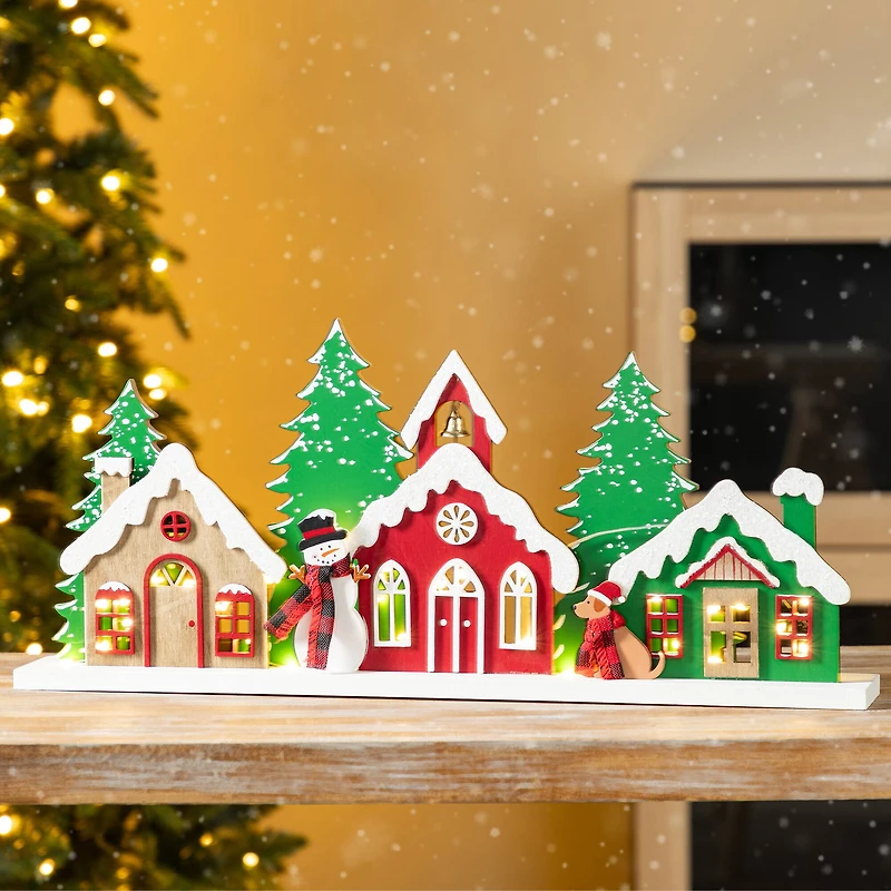 Glitzhome® 20" Lighted Wooden Christmas Villages Table Decor