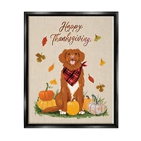 Stupell Industries Happy Thanksgiving Pumpkins Dog Framed Floater Canvas Wall Art