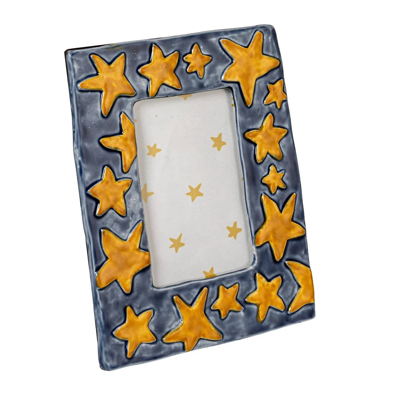 Hello Honey® Handmade Stoneware Photo Frame with Blue Frame and Yellow Stars
