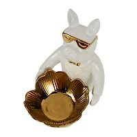 8" White Ceramic Bulldog Sculpture with Gold Accents