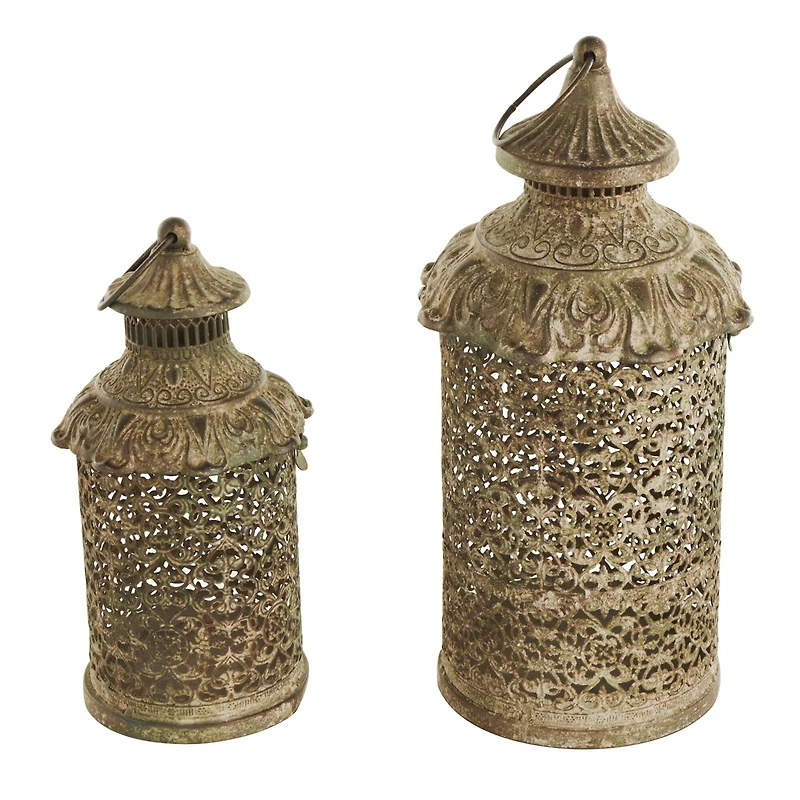 Brown Ornate Scroll Metal Candle Lantern Set